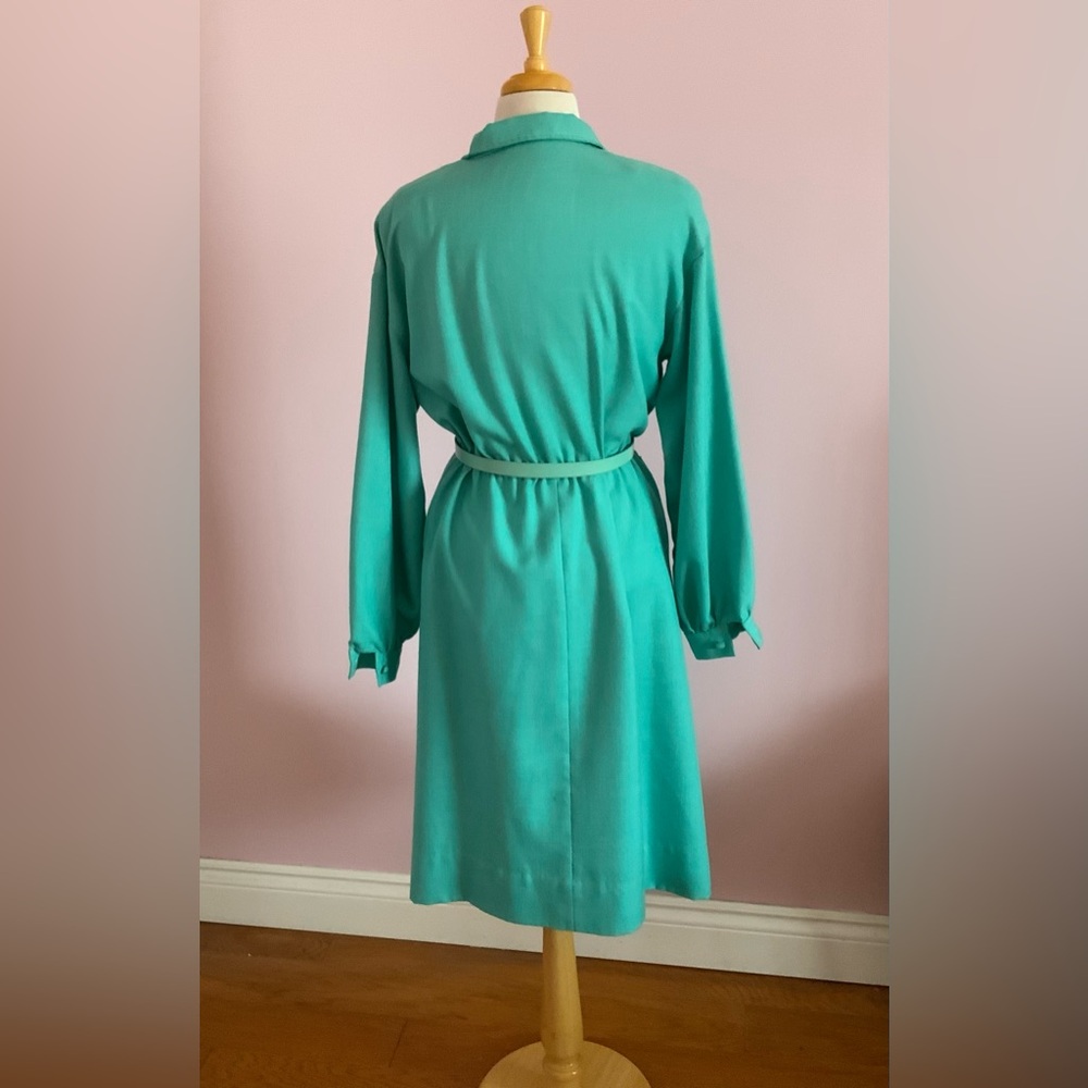 Vintage Teal Wrap-Style Long Sleeve Women's Dress with Belt - Picture 5 of 8